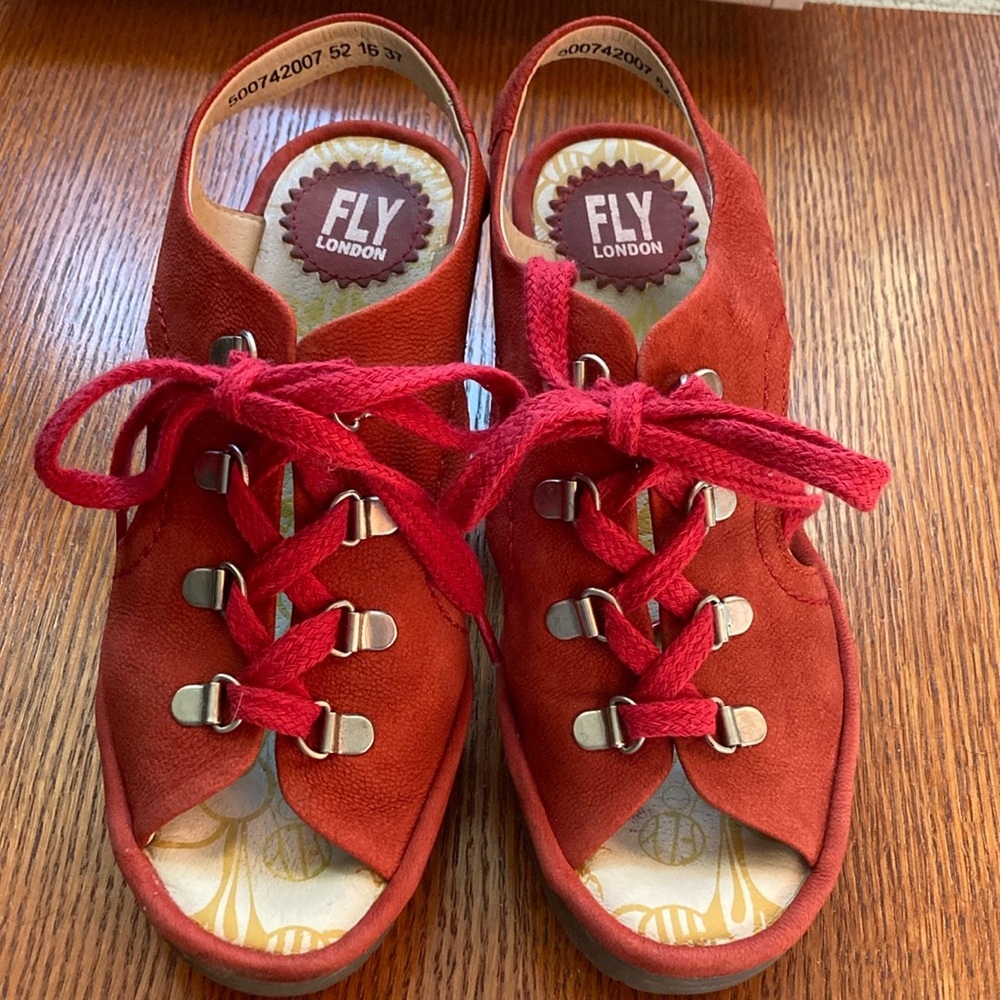 FLY LONDON YLFA red lace up wedges, peep toe. Size 37.  6.5-7. Leather